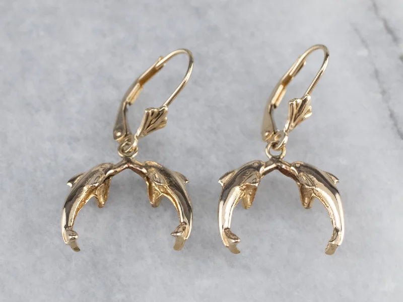 Cute Stud Earrings-Yellow 14K Gold Dolphin Drop Earrings