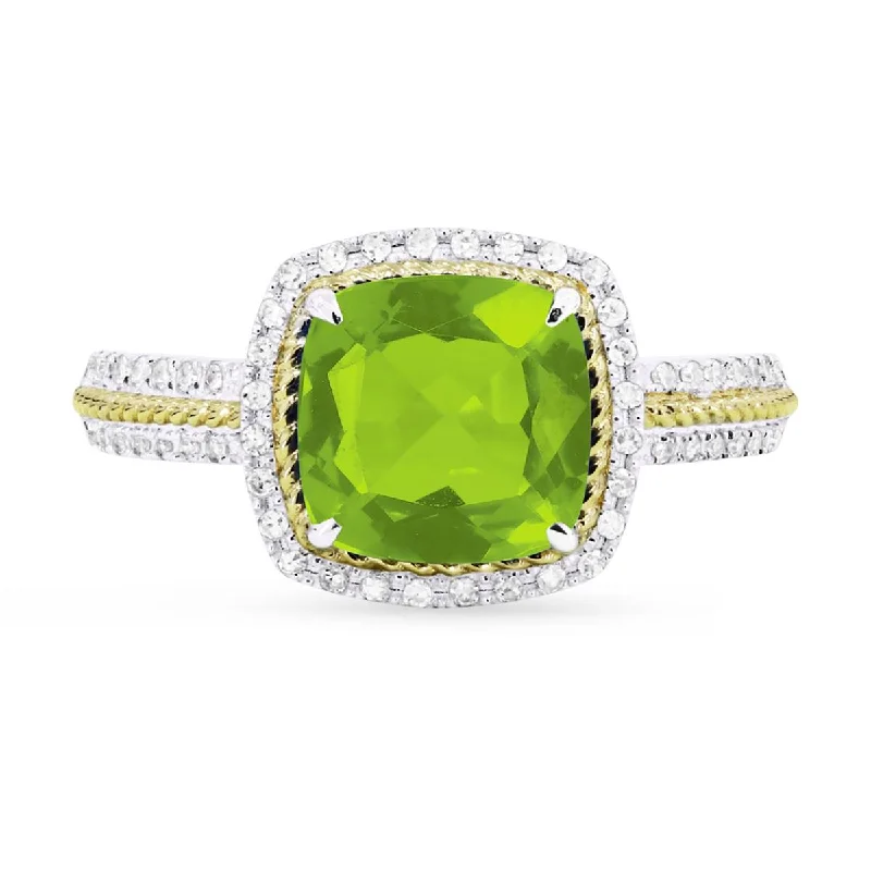 Designer Promise Rings-TWO-TONE GOLD FASHION RING WITH CUSHION CUT PERIDOT, .18 CT TW