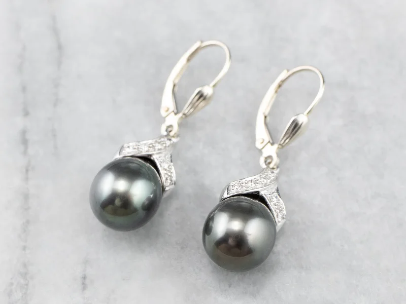 Twisted Hoop Earrings-Grey Pearl Diamond White Gold Drop Earrings