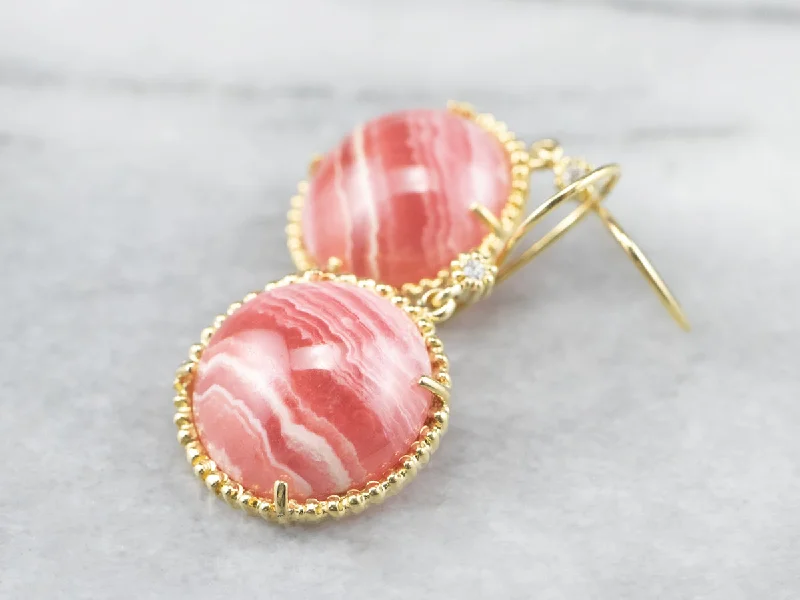 Matte Gold Earrings-Gold Rhodochrosite and Diamond Drop Earrings