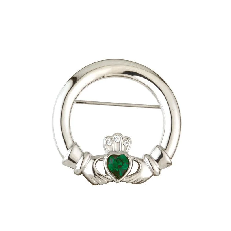 Retro Enamel Brooch-Rhodium Plated Green Crystal Heart Claddagh Brooch