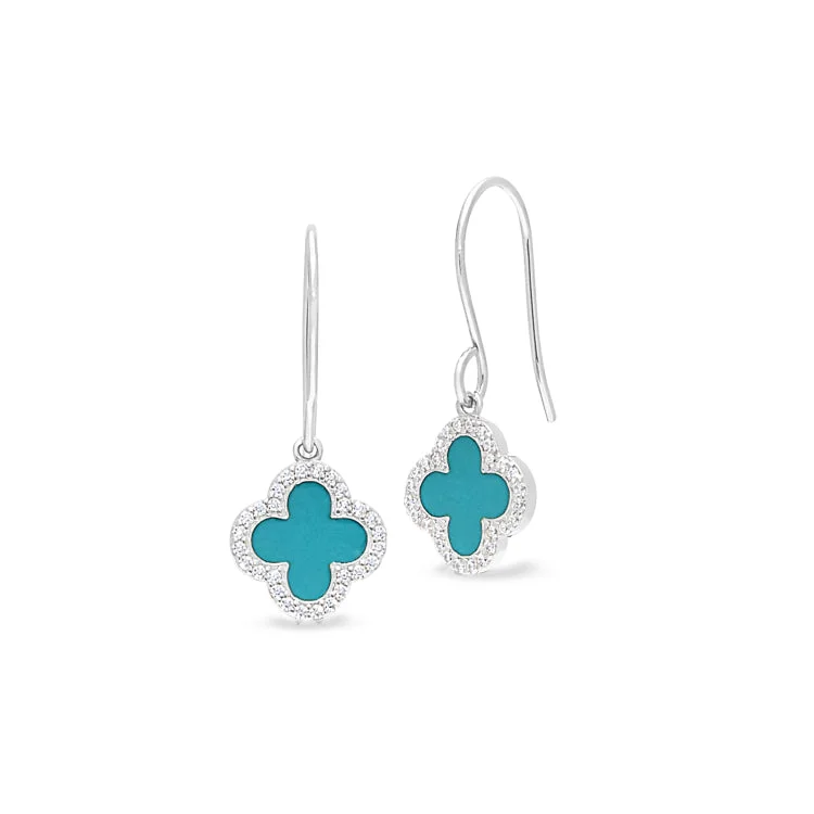 Classic Earrings-Platinum Finish Sterling Silver Micropave Turquoise Enamel Hexagon Earrings with Simulated Diamonds