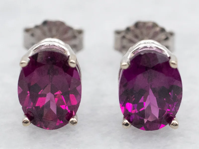 Polished Earrings-White Gold Rhodolite Garnet Solitaire Stud Earrings