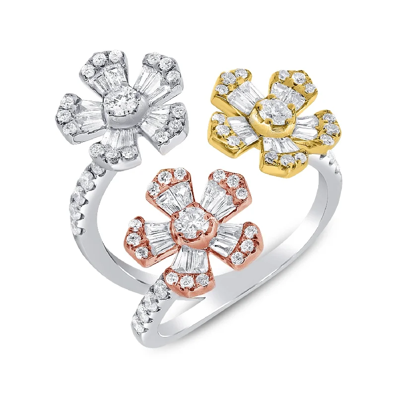 Men's Diamond Wedding Bands-14K Tri-Color Gold Diamond Triple Flower Wrap Ring