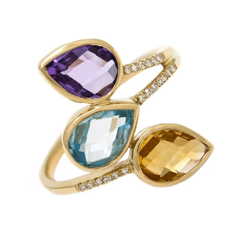 Classic Diamond Wedding Bands-14K Yellow Gold Amethyst, Citrine, Blue Topaz Pear Ring