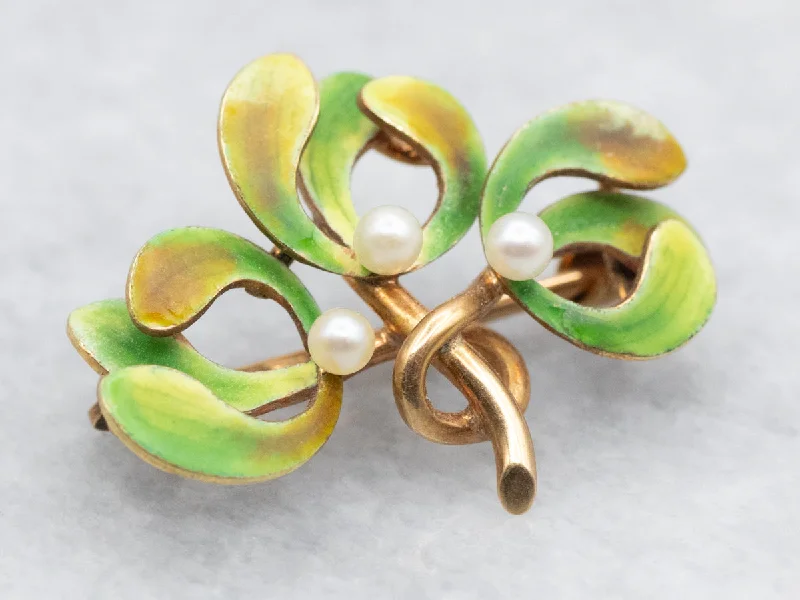 Multi-colored Brooch-Art Nouveau Green Enamel and Seed Pearl Botanical Brooch