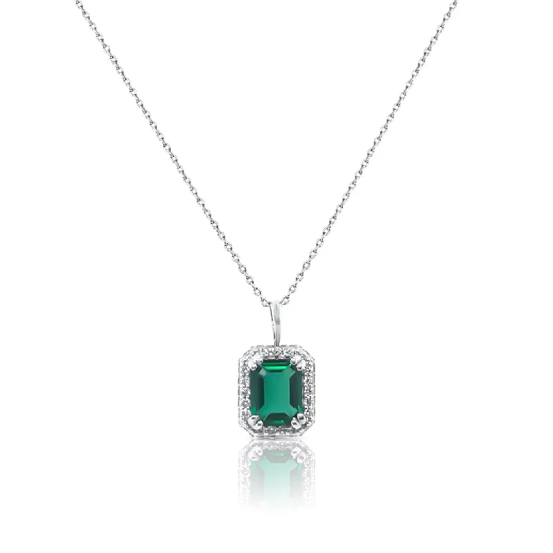 Multi-layered Necklaces-2.00 CT Lab Grown Green Emerald and 0.45 Cttw Diamond Halo Necklace 14K White Gold