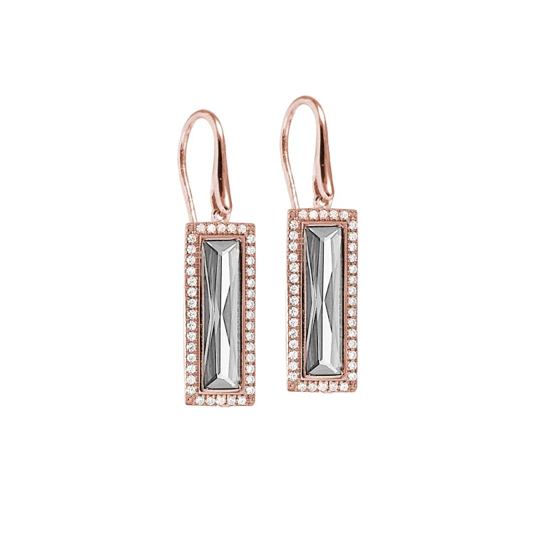 Elegant Gem Earrings-Rose Gold Finish Sterling Silver Earrings with Rectangular Simulated Diamond Stones and Simulated Diamonds