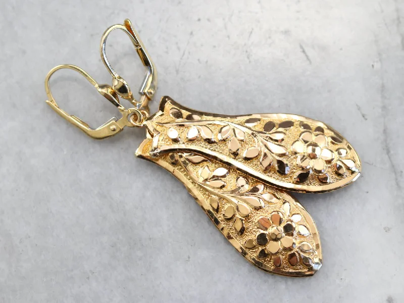 Crystal Drop Earrings-Vintage Yellow Gold Floral Drop Earrings