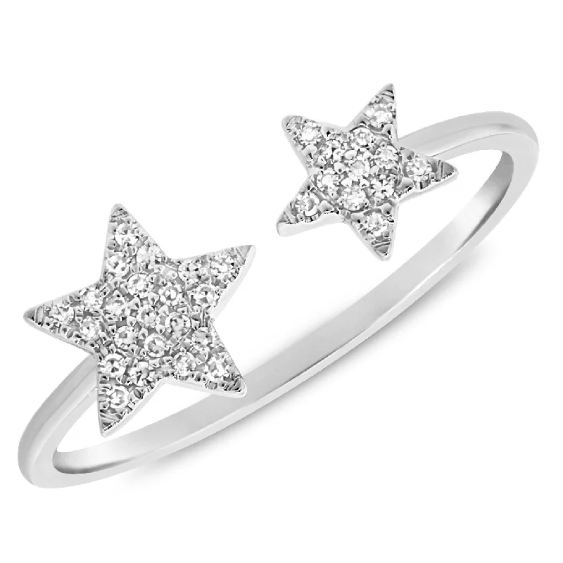 Unique Wedding Rings-14K White Gold Diamond Double Star Open Cuff