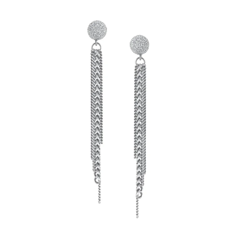 Beaded Earrings-Silver Chain Fringe on Diamond Stud Earrings  E0000207