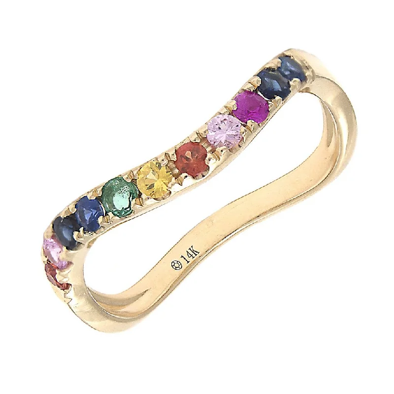 Elegant Wedding Bands-14K Yellow Multi Sapphire Rainbow Curved Band