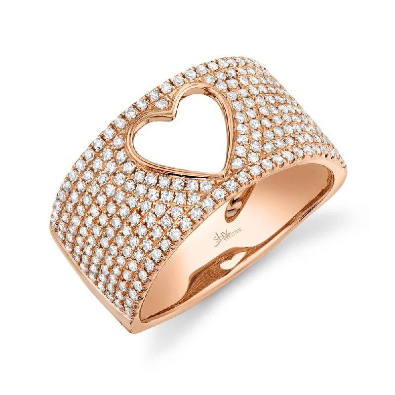 Stackable Rings-14K Rose Gold Diamond Open Heart Wide Pave Ring