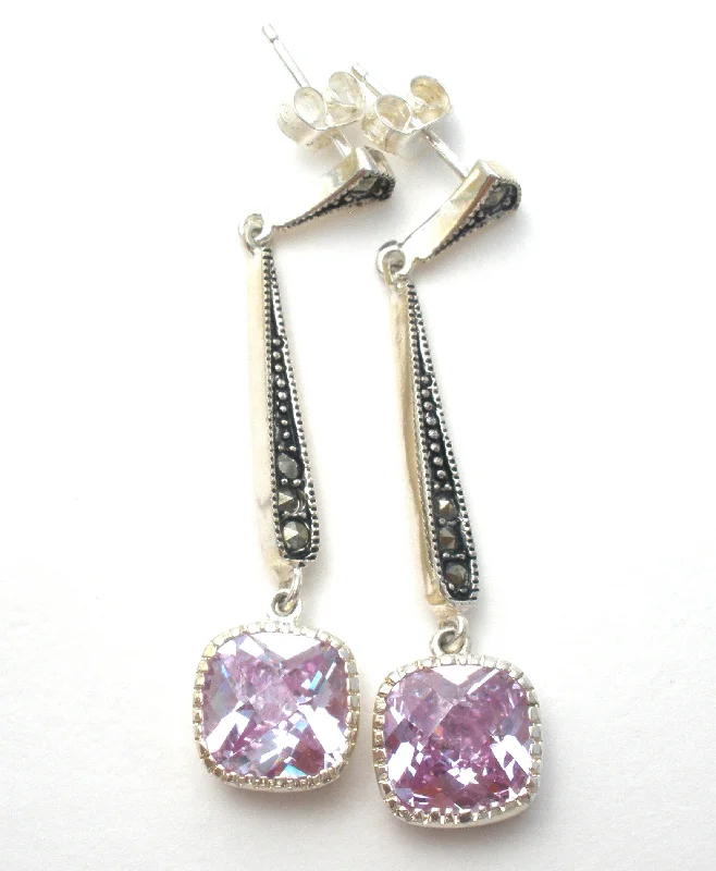 Chunky Gold Earrings-Sterling Silver Lavender CZ & Marcasite Earrings