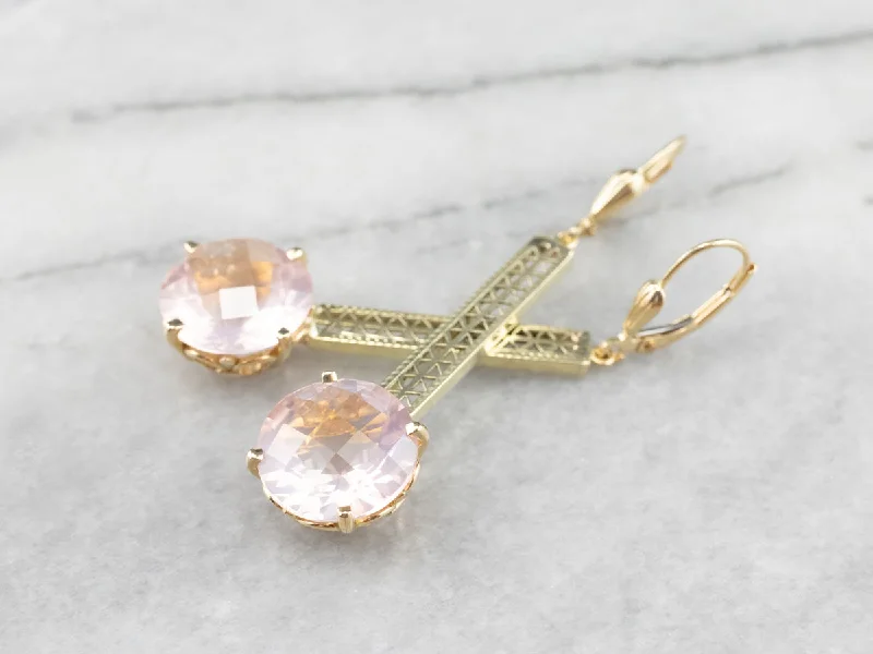 Custom Earrings-Rose Quartz Gold Filigree Bar Drop Earrings