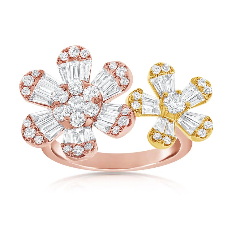 Two-tone Engagement Rings-14K Rose + Yellow Gold Double Diamond Flower Ring