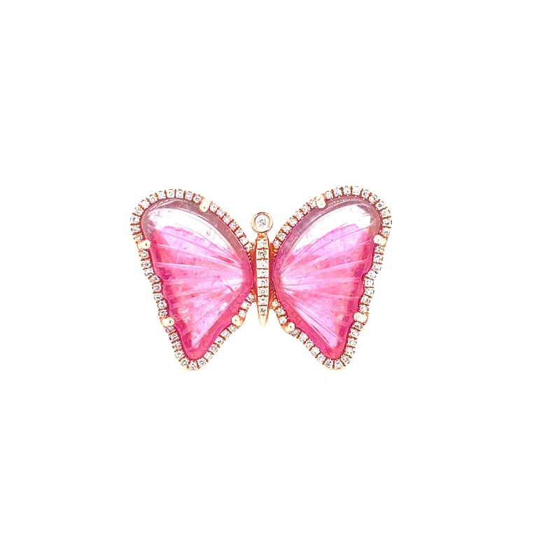 Silver Cocktail Rings-14K Rose Gold Diamond + Pink Tourmaline Butterfly Ring