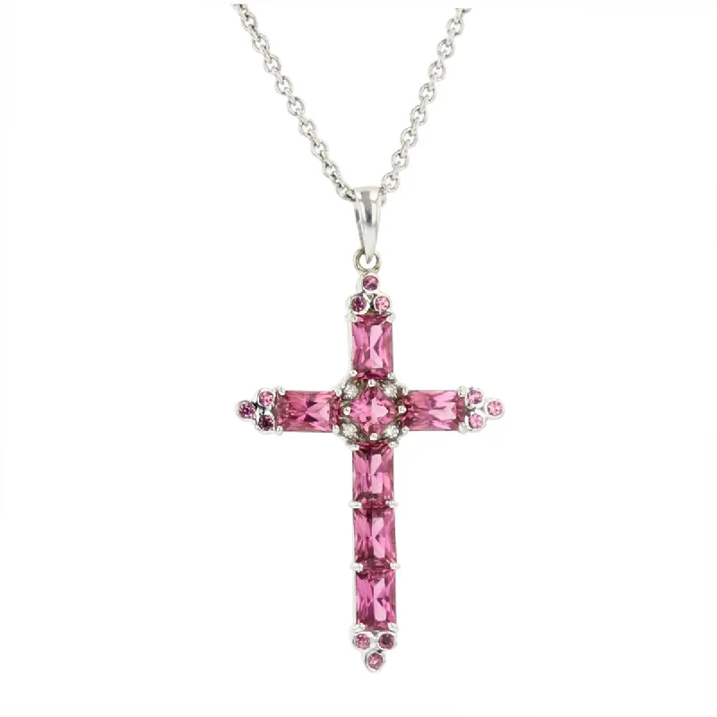 Colorful Necklaces-18K White Gold Pink Tourmaline and Diamond Cross Necklace