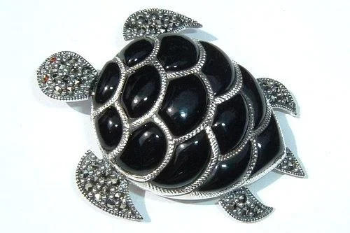 Brooch with White Pearls-Black Turtle Onyx Brooch Silver Marcasite