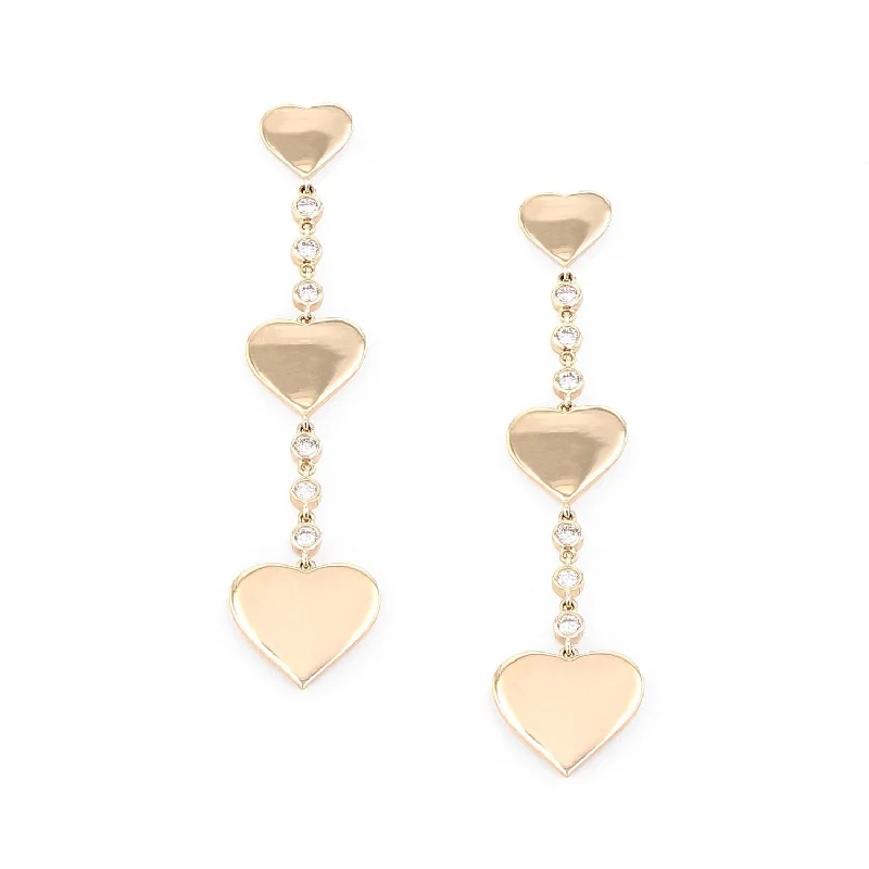 Eco Earrings-14k Gold Triple Drop Bezel Diamond Heart Earrings EG000253