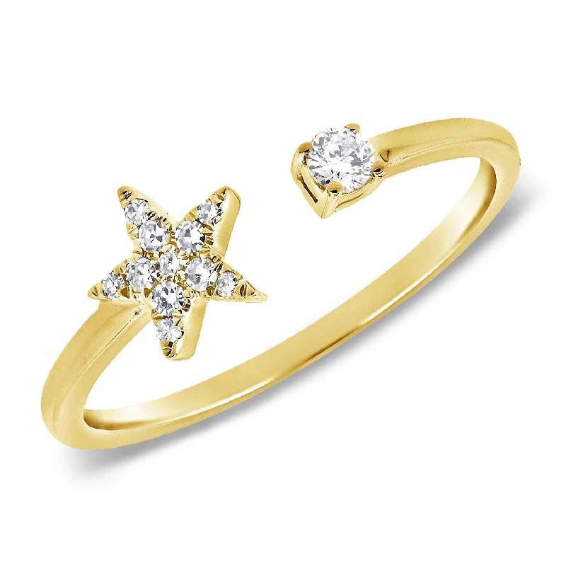 Women's Wedding Ring Sets-14K Yellow Gold Diamond Mini Star Open Cuff Ring