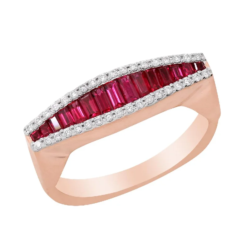 Emerald Wedding Rings-ROSE GOLD FASHION RING WITH BAGUETTE RUBIES AND ROUND DIAMONDS, .13 CT TW