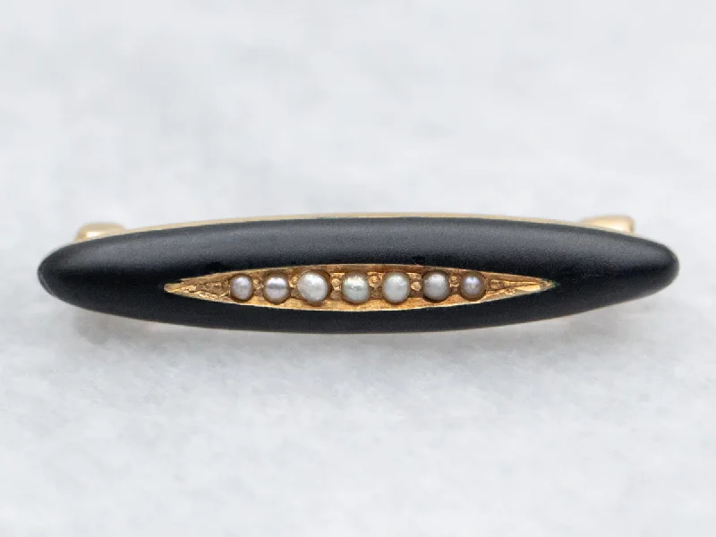 Modern Silver Brooch-Victorian Black Enamel and Seed Pearl Brooch