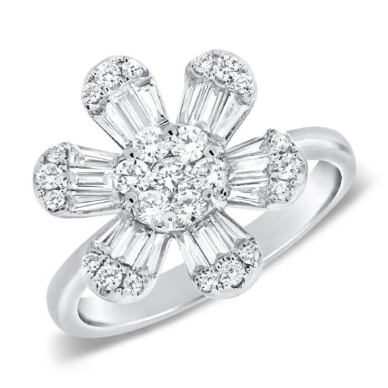 Wedding Rings-14K White Gold Baguette & Round Diamond Large Flower Ring