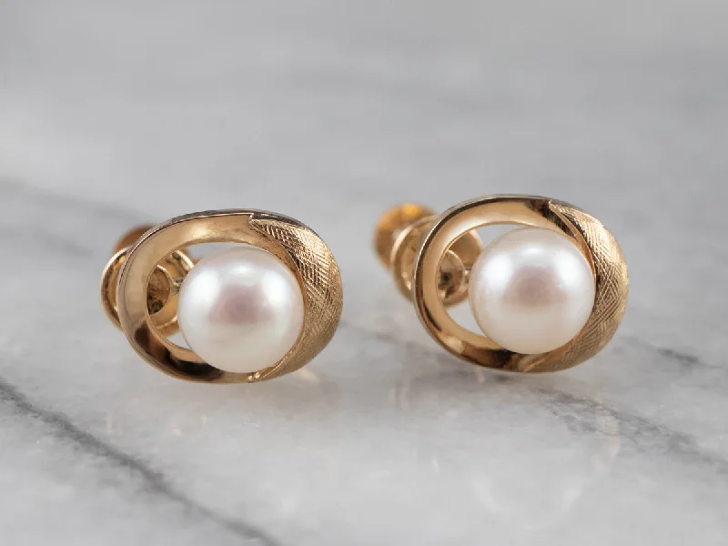 Vintage Hoop Earrings-Pearl Gold Screw Back Earrings