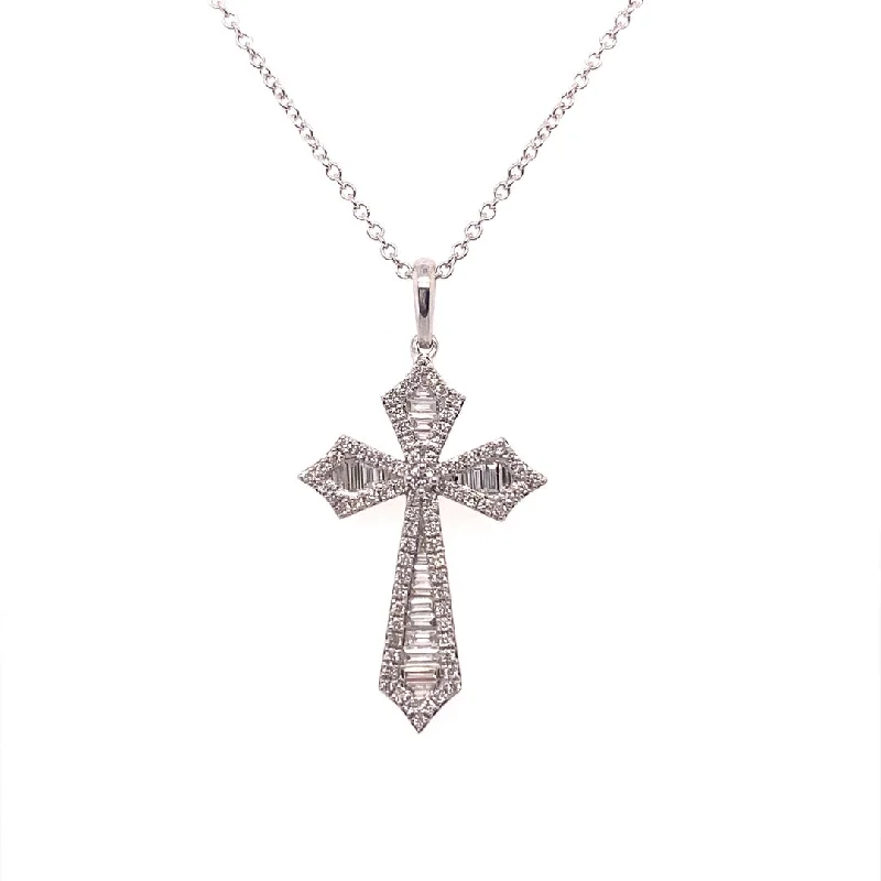 Silver Necklaces-14K White Gold 0.21 CT Round & Baguette Diamond Cross Pendant