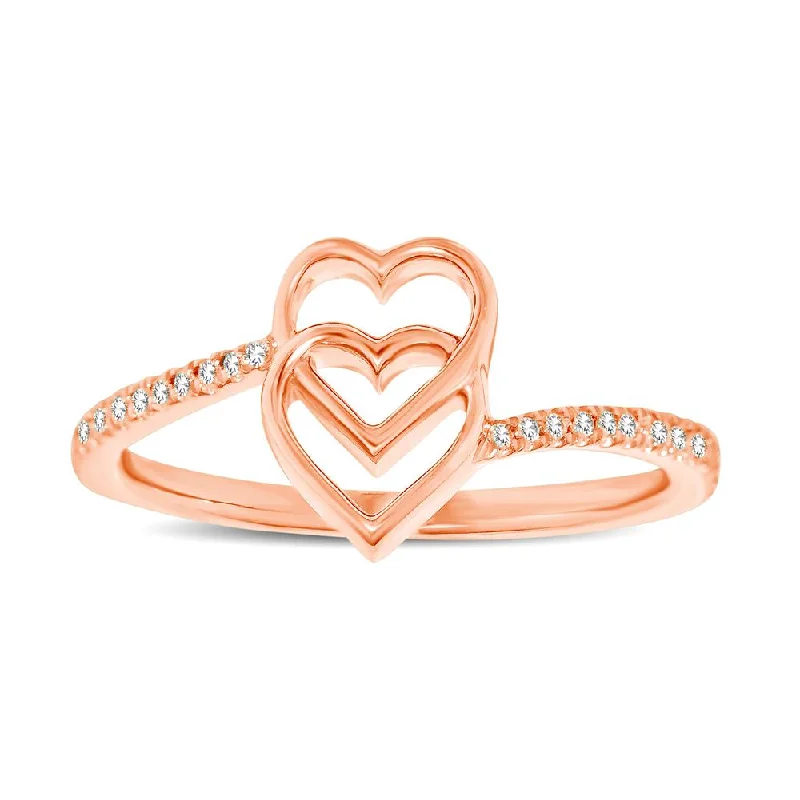 Custom Diamond Rings for Men-10K Rose Gold 1/10 Ctw Diamond Double Heart Ring