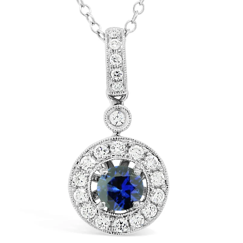 Designer Necklaces-18K White Gold Sapphire and Diamond Halo Pendant Necklace