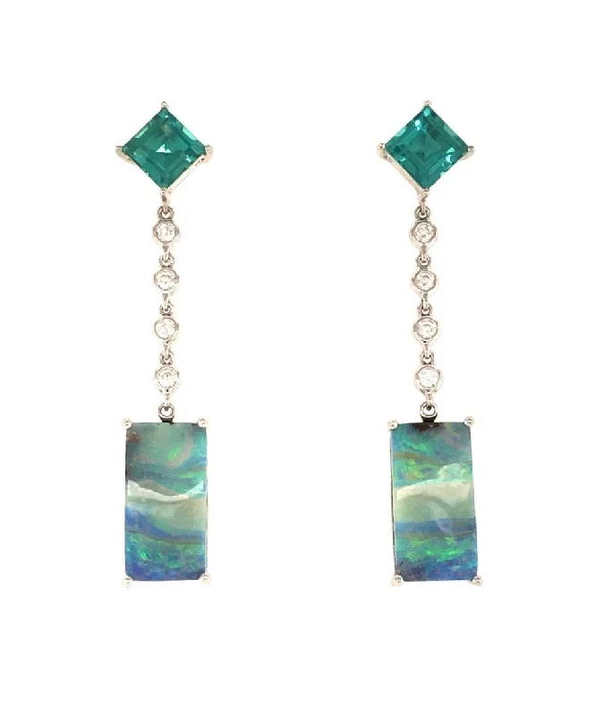 Glitter Earrings-Blue Green Tourmaline and Australian Boulder Opal Earrings with Diamonds 1-JSA