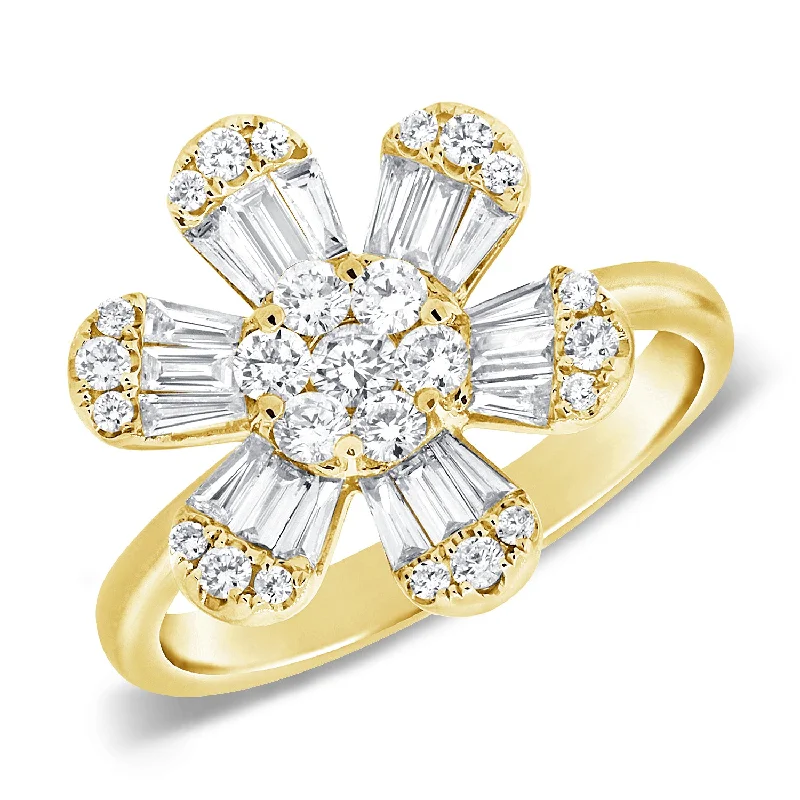 Silver Rings-14K Yellow Gold Baguette & Round Diamond Large Flower Ring