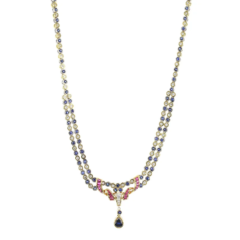 Custom Silver Necklaces-18K Gold Sapphire, Diamond and Ruby Drop Necklace