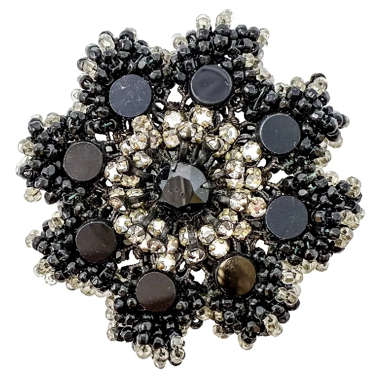 Diamond Flower Brooch-Miriam Haskell Signed Black and Silver Beaded Brooch