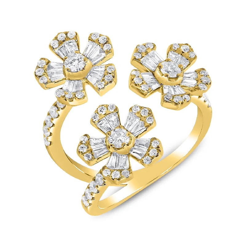 Unique Wedding Sets-14K Yellow Gold Diamond Triple Flower Wrap Ring