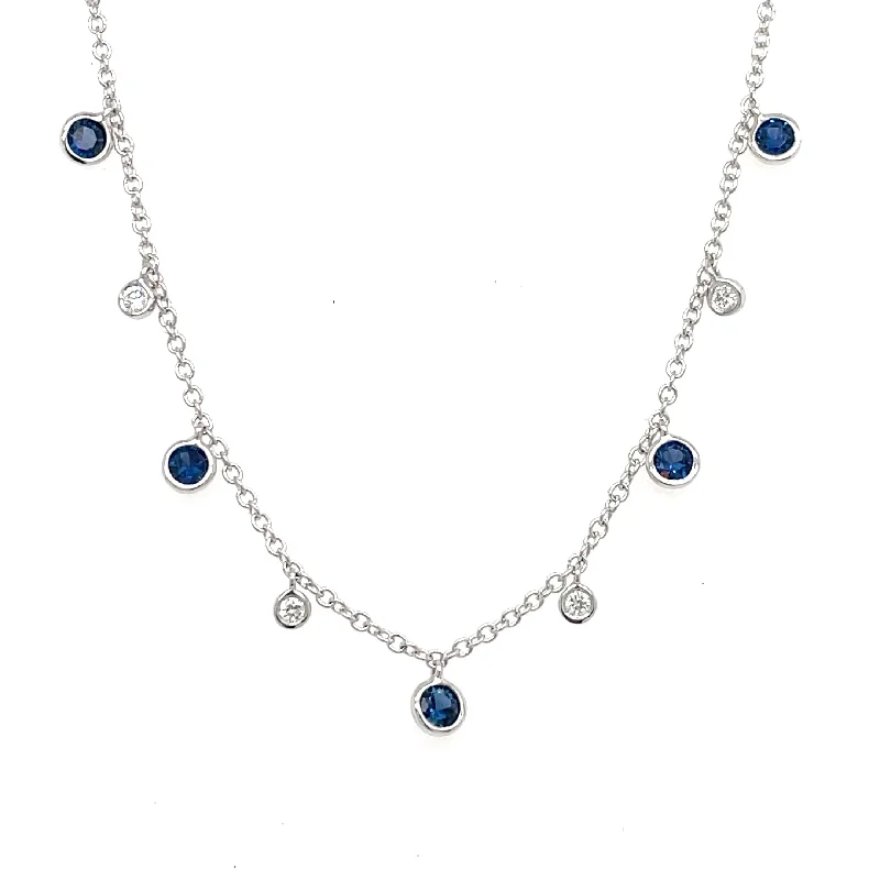 Custom Diamond Necklaces-14K White Gold Bezel Set Blue Sapphire & Diamond Dangle Necklace