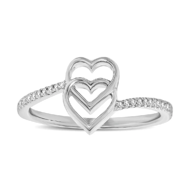 Simple Wedding Rings-10K White Gold 1/10 Ctw Diamond Double Heart Ring