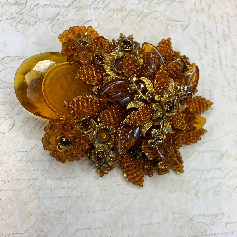 Brooch for Evening Party-Stanley Hagler Amber Brown glass statement brooch