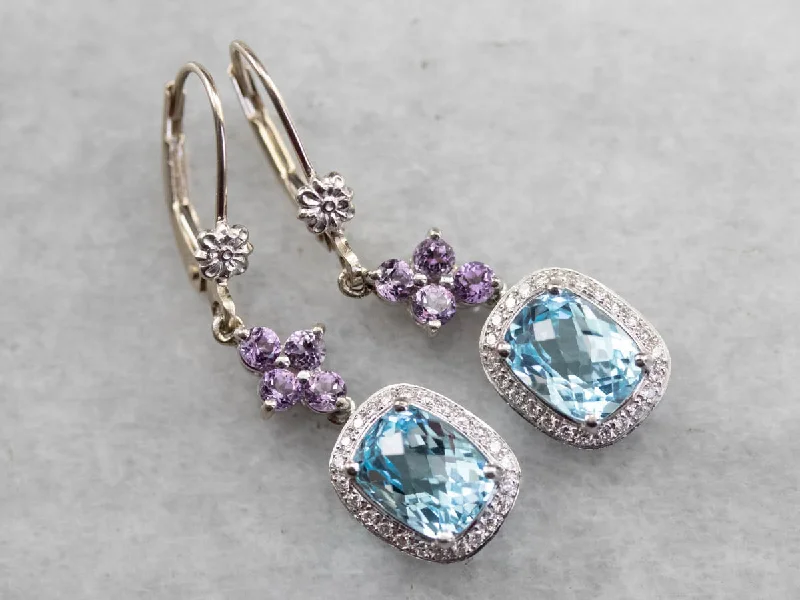 Artistic Earrings-Blue Topaz Amethyst and Diamond Drop Earrings