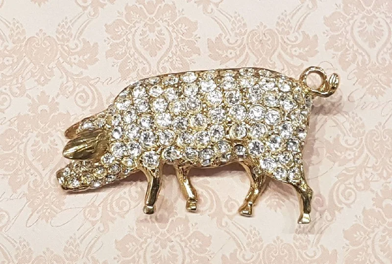 Simple Silver Brooch-Pig Brooch Gold Glass Crystal By Sardi