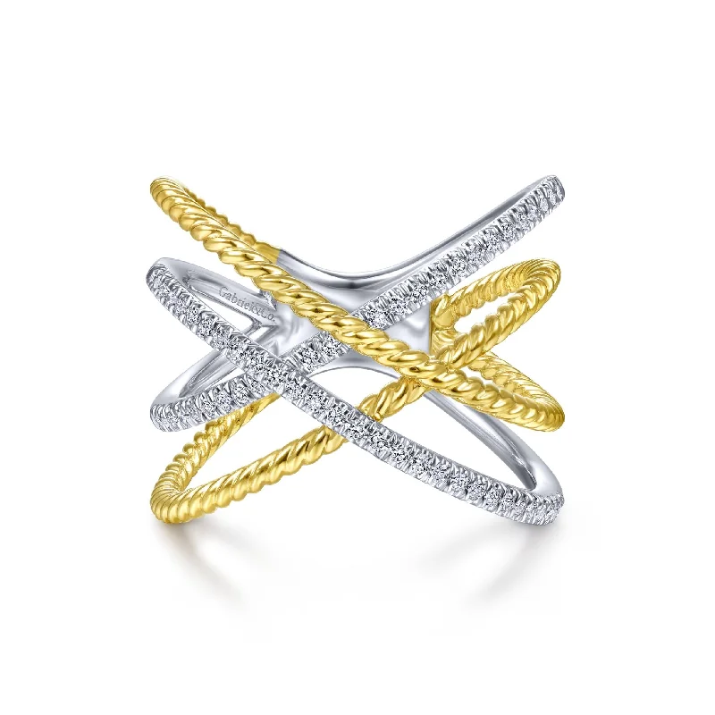 Silver Wedding Rings with Diamonds-14K White & Yellow Gold Diamond Twisted Crossover Ring