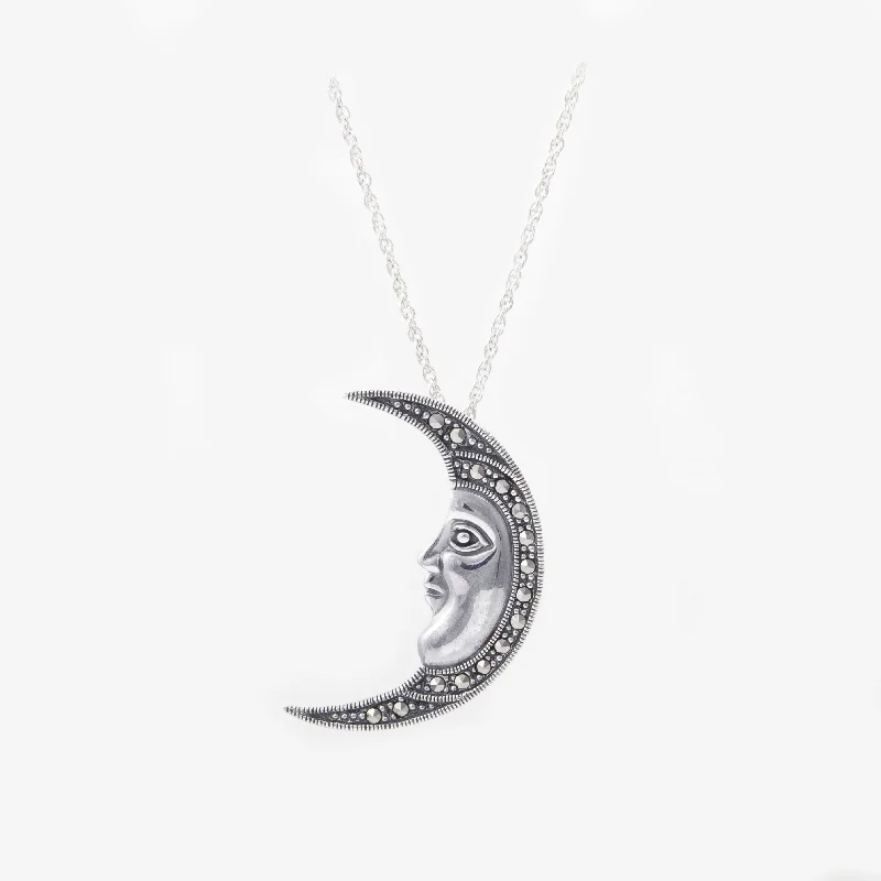 Brooch for Evening Dresses-Sterling Silver Marcasite Moon Face Brooch/ Pendant