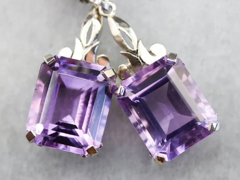 Floral Drop Earrings-Amethyst White Gold Drop Earrings