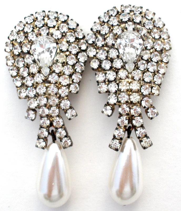 Stone Earrings-Vintage Pearl & Clear Rhinestone Earrings