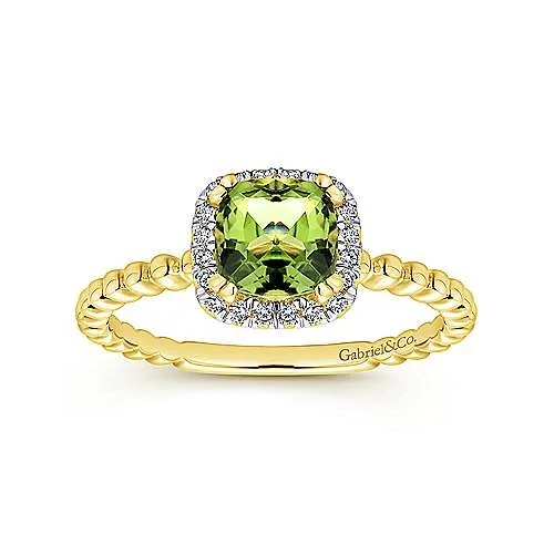 Gemstone Wedding Rings-14K Yellow Gold Diamond + Peridot Beaded Band Ring