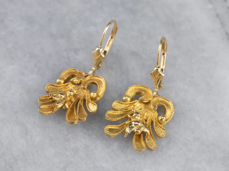 Gemstone Earrings-Bee and Flower 18K Gold Drop Earrings