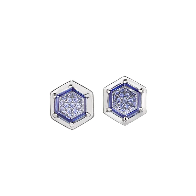 Pearl Stud Earrings-Platinum Finish Sterling Silver Flat Hexagon Synthetic Tanzanite Earrings with Simulated Diamonds