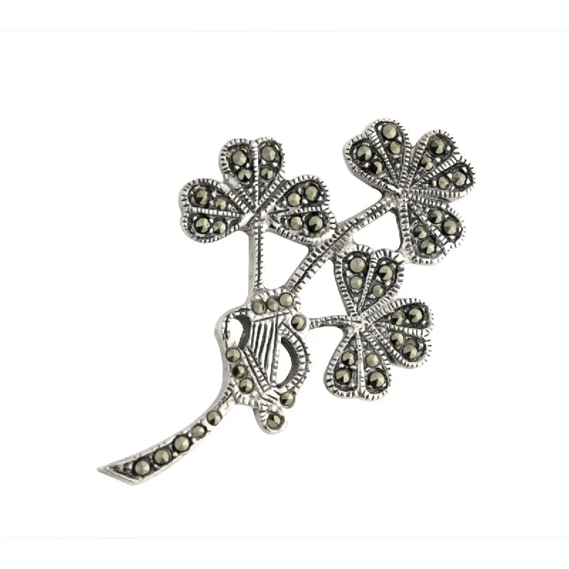 Brooch with Small Diamonds-Silver Marcasite Shamrock Spray Brooch